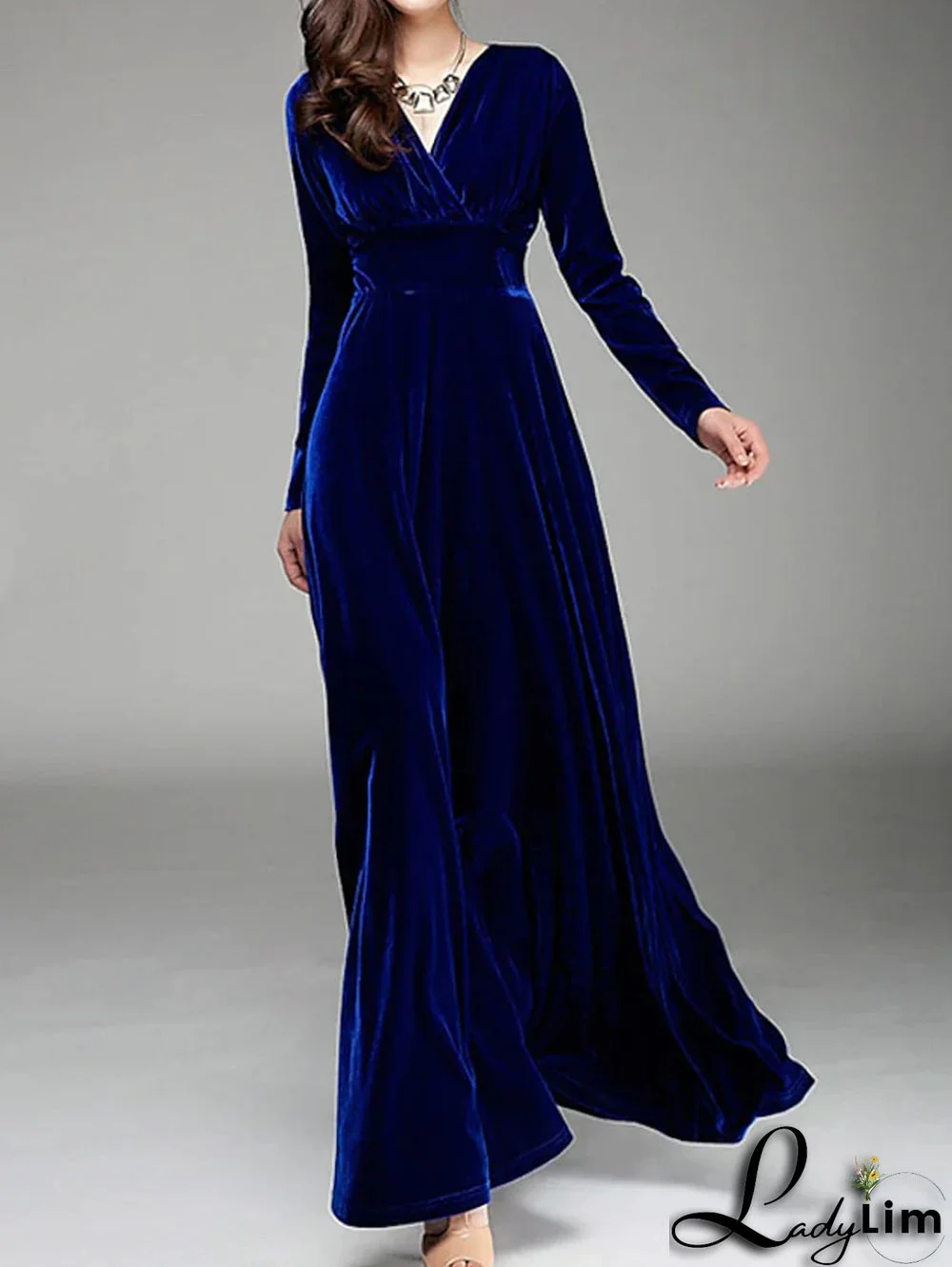 Elegant Wrap Wide Band A-line Velvet Maxi Dress