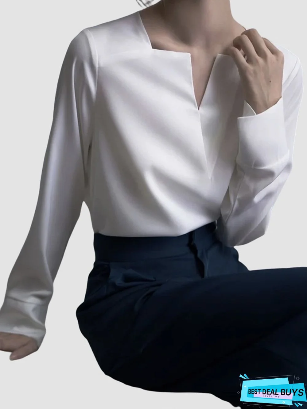 White Daily Long sleeve Plain V Neck Simple Blouse