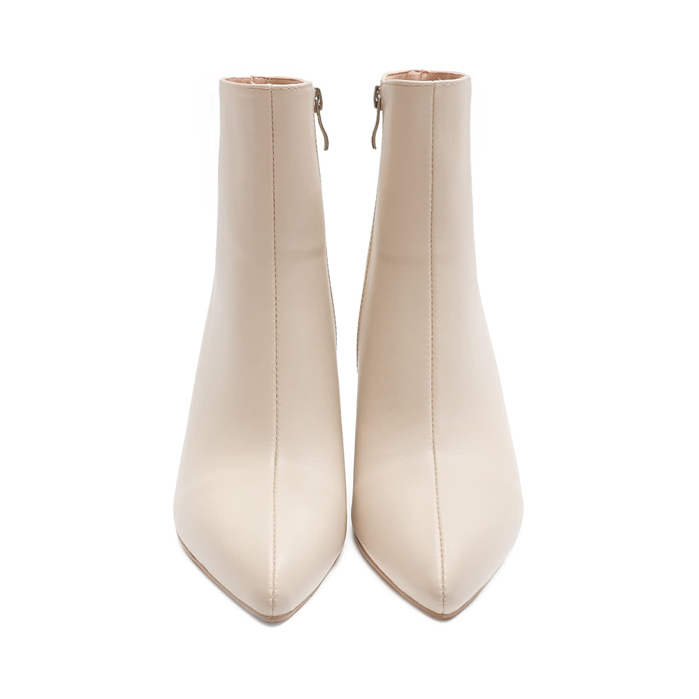 75mm Women's Zipper Pointed Toe Chunky Block Heel Ankle Boots Off White-MERUMOTE