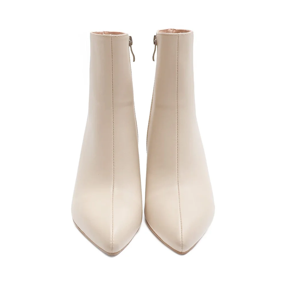 75mm Women's Zipper Pointed Toe Chunky Block Heel Ankle Boots Off White-MERUMOTE