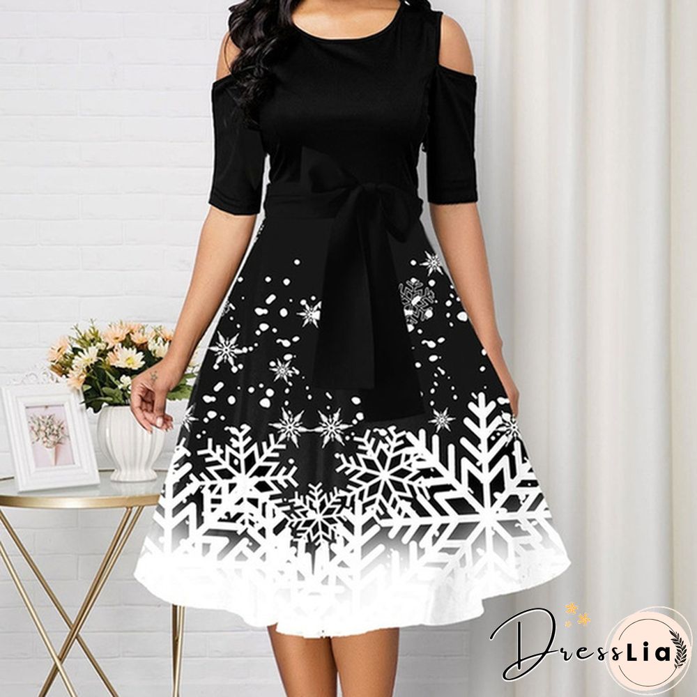 Women Fashion Belted Snowflake Print Christmas Dress Cold Shoulder Round Neck Party Dress Plus Size A-Line Dresses