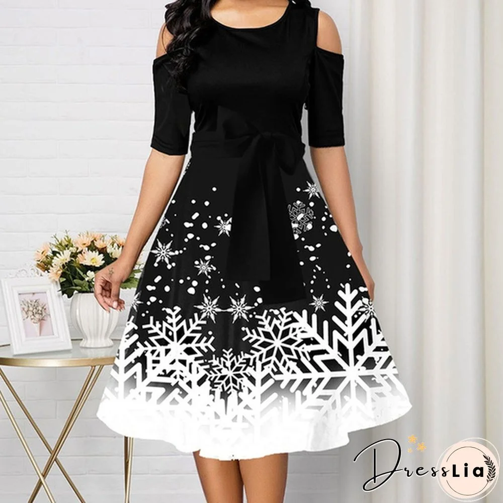 Women Fashion Belted Snowflake Print Christmas Dress Cold Shoulder Round Neck Party Dress Plus Size A-Line Dresses