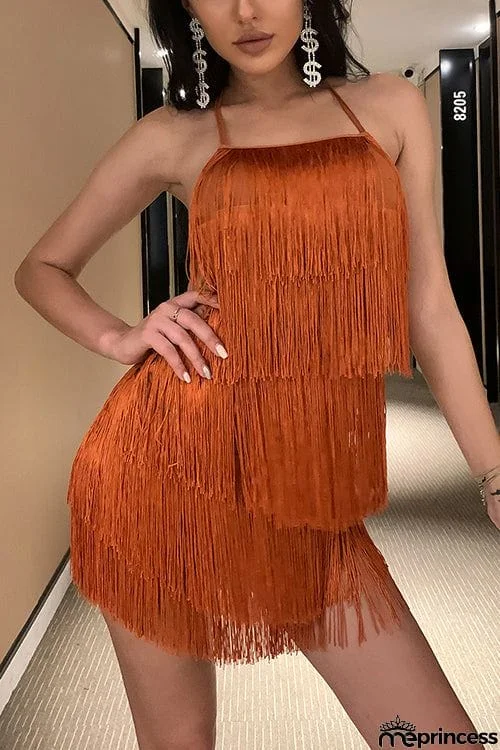 Halter Neck Open Back Tassel Hem Romper