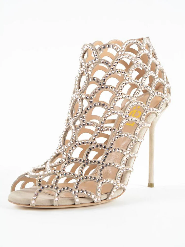 Champagne Wedding Shoes Rhinestone Bridal Heels Cage Sandals |FSJ Shoes