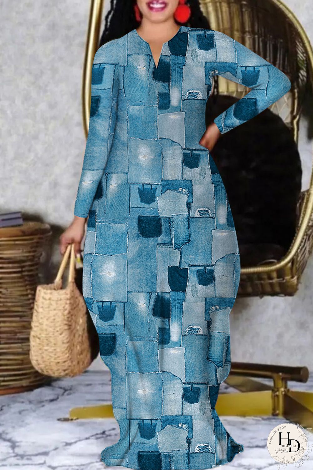 Blue Casual Print Patchwork V Neck Long Sleeve Dresses