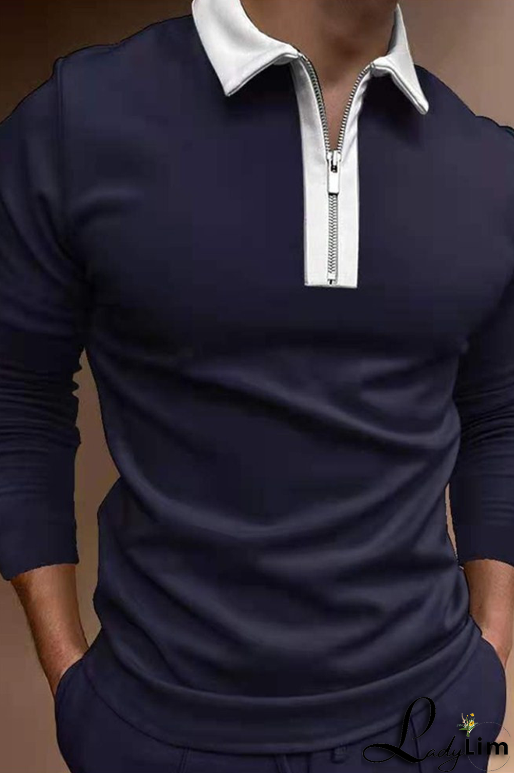 Dark Gray Fashion Casual Patchwork Contrast Zipper POLO collar Tops