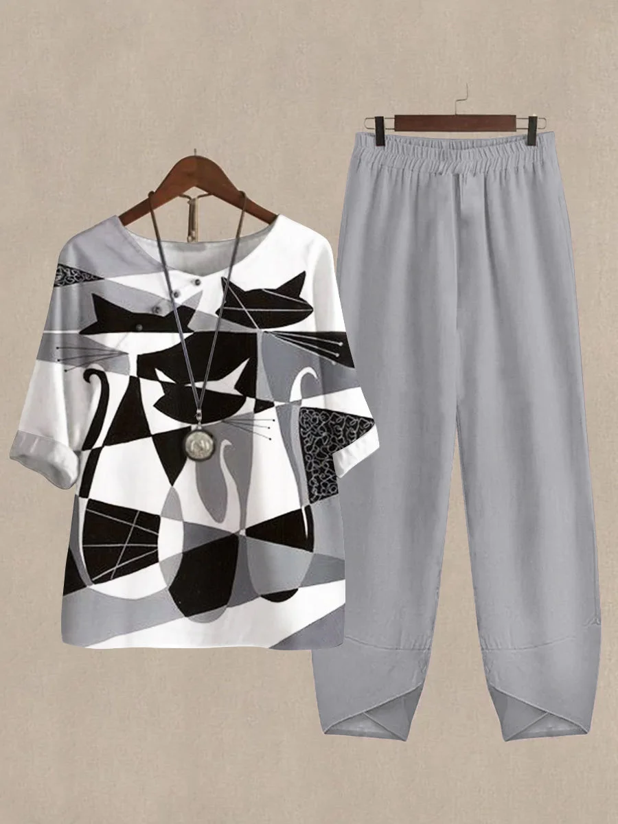Linen Casual Women's Color Block Cat Print Two Pieces Set
