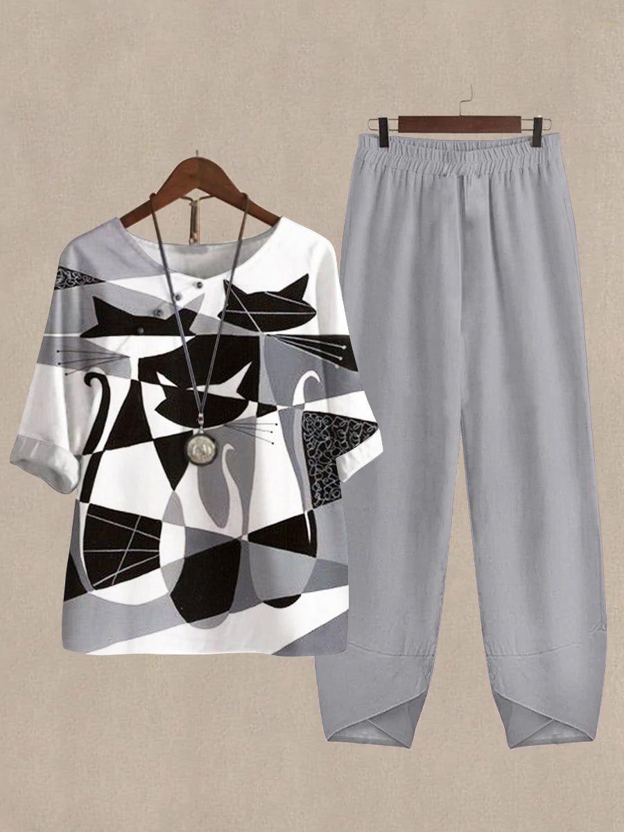 Linen Casual Women's Color Block Cat Print Two Pieces Set