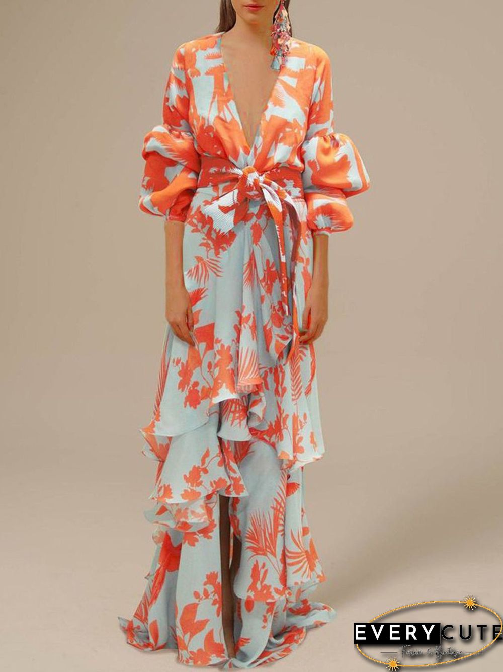 Women'S Dresses Deep V Neck Irregular Boho Print Chiffon Dress