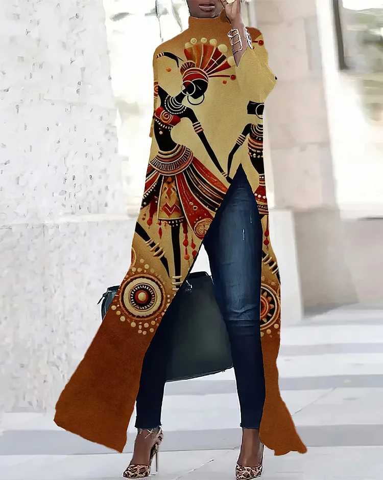 Folk Dancer Three-quarter Sleeve Slit T-shirt Dress