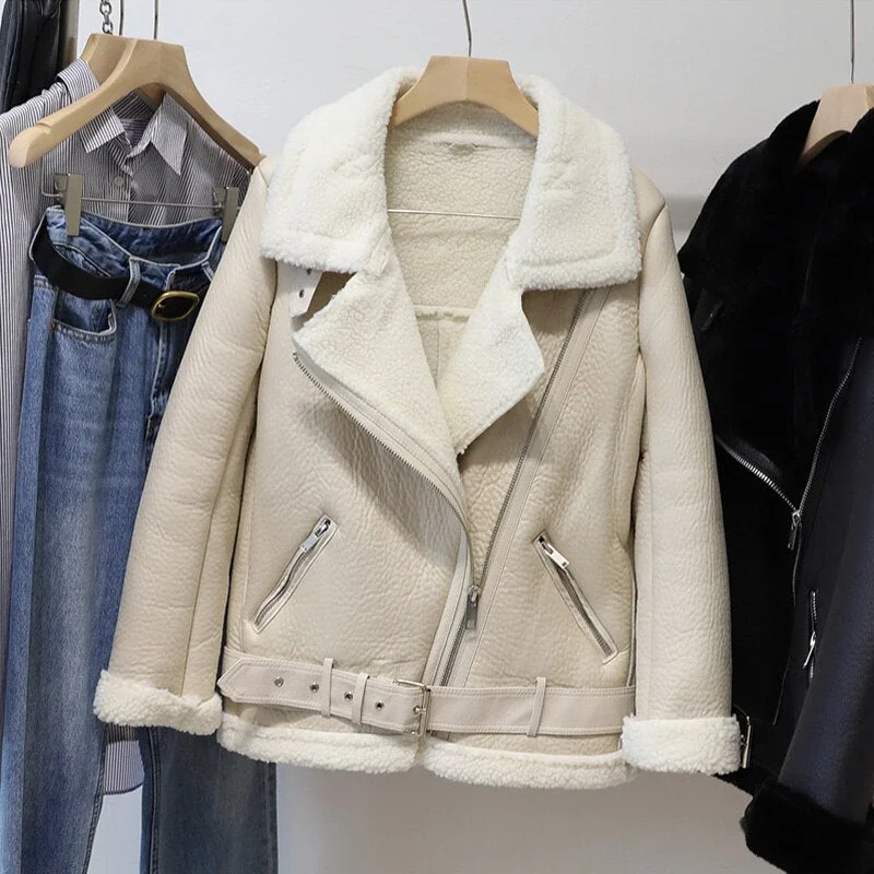 FTLZZ New Winter Women Female Fur Leather JacketFaux Lamb Leather Jacket Aviator Jacket Thick Faux Leather Fur Sheepskin Coat