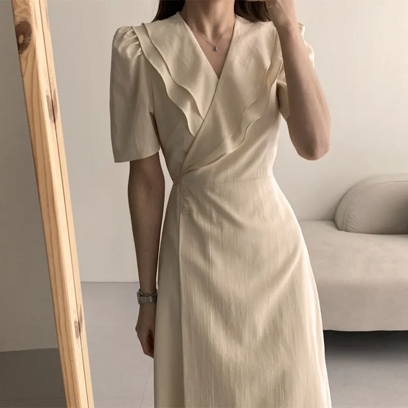 Churchf Churchf Chic French Retro Double Collar Inclined Buckle Waist Show Thin Long A Piece Of Bubble Sleeve Dress Woman