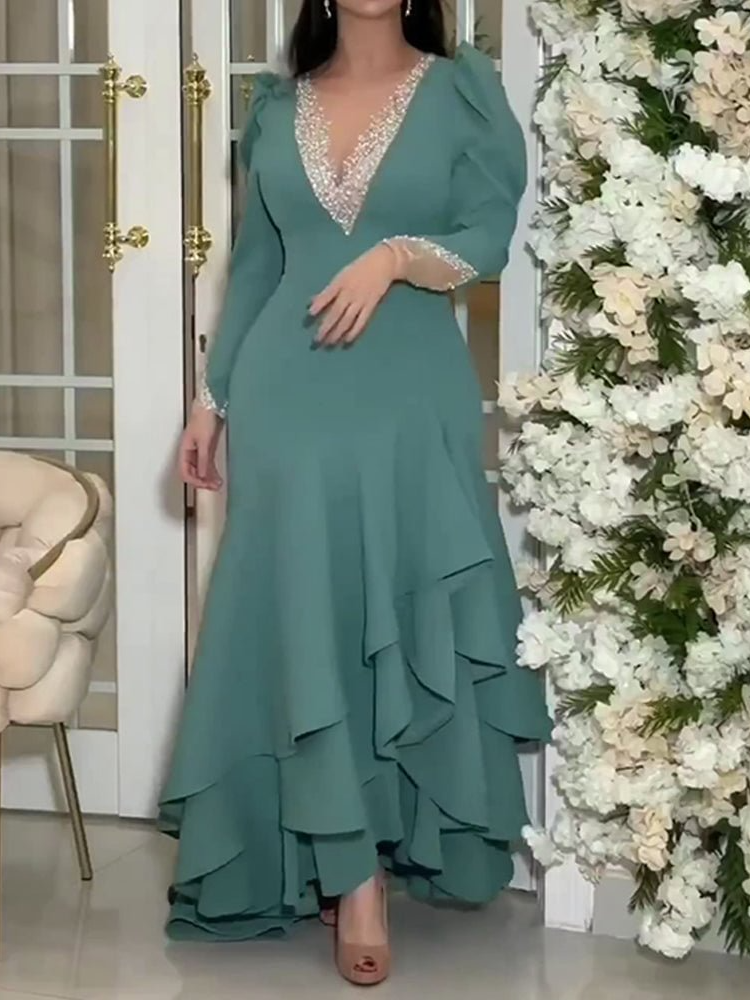V Neck Puff Sleeve Ruffle Hem Elegant Dress