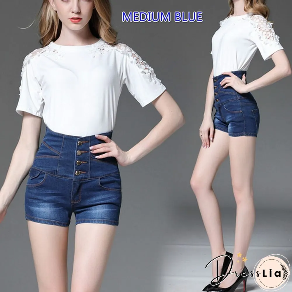 Brand Women Denim Shorts High Waist Slim Plus Size Multi-button Shorts