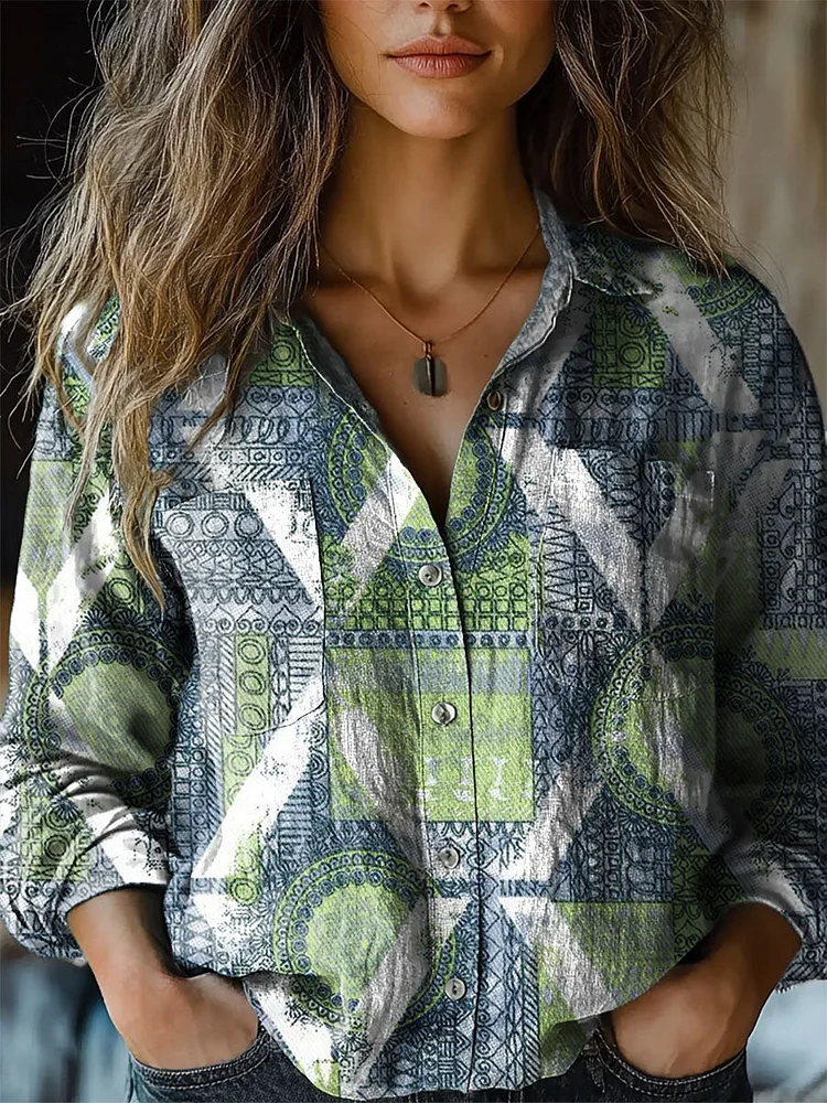 Vintage Art Graffiti Women's Print Casual Long Sleeve Comfortable Cotton Shirt