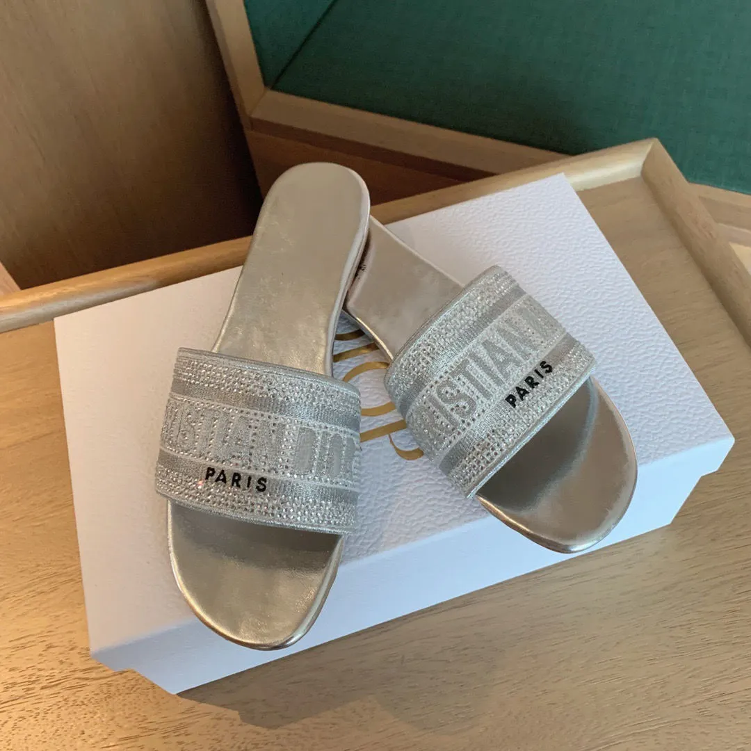 2024d Summer New Rhinestone Letter D Flip-Flops Chunky Heel Sandals All-Match High Heel Rhinestone Slippers for Women