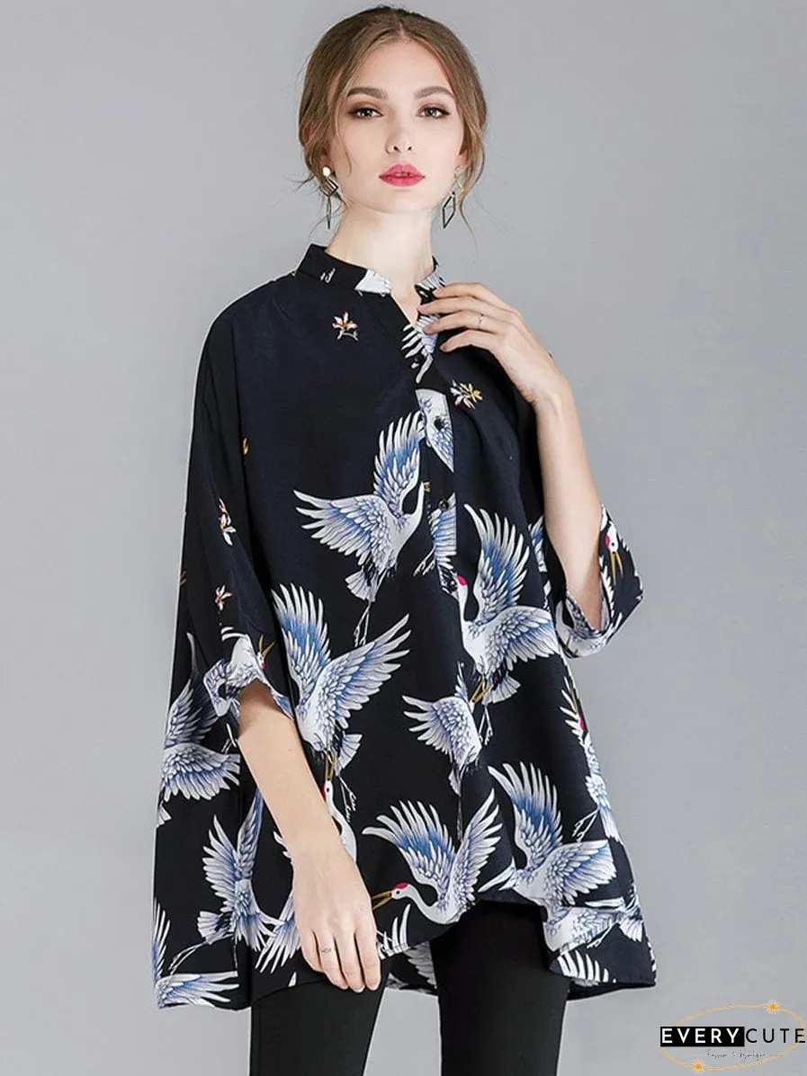 Size Curve Blouses Crane Print Loose Oversized Blouse