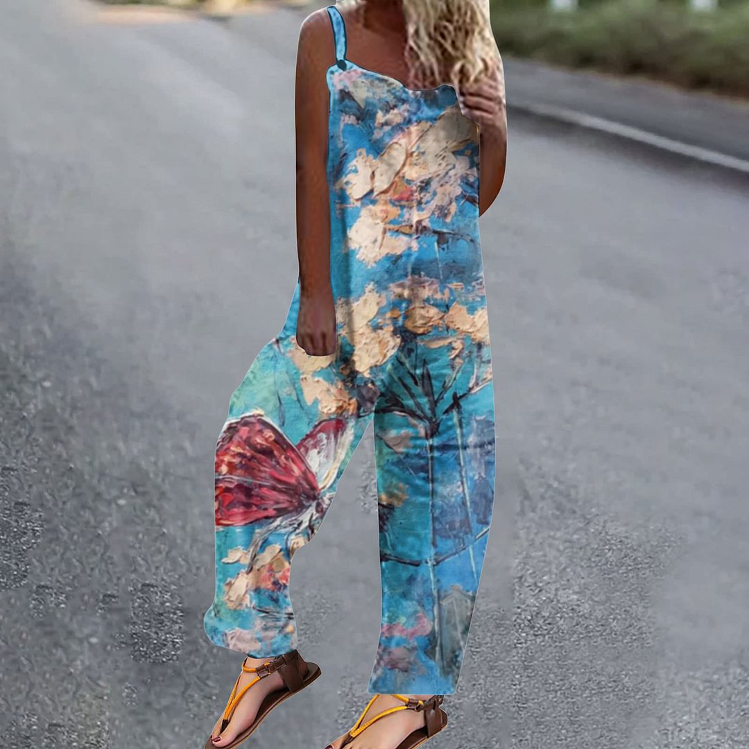 Casual Floral Print Jumpsuit Wide-leg Pants