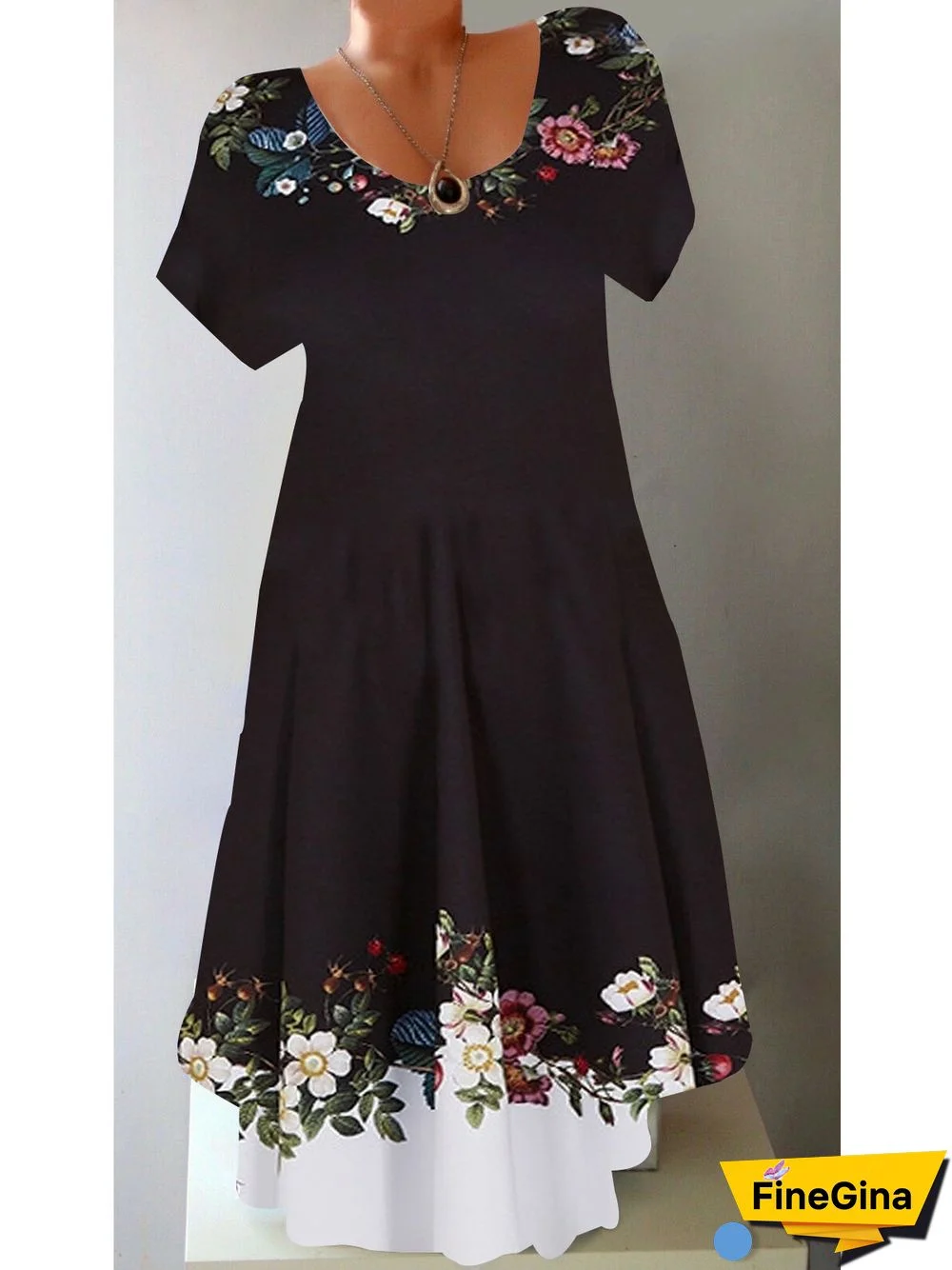 Women Fashion Round Neck Short Sleeve Floral Printed Stitching Midi Dress