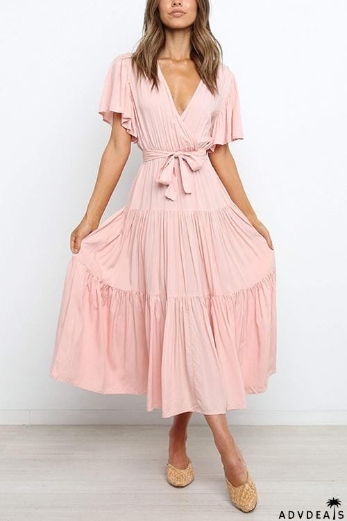 Solid Ruffles Belted Maxi Dress