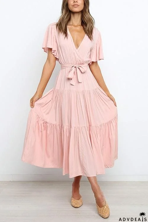 Solid Ruffles Belted Maxi Dress