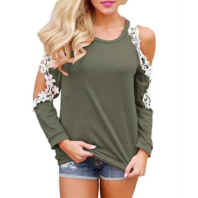 Women Cold Shoulder Long Sleeve Lace Blouse Causal Loose Solid Tops Tees