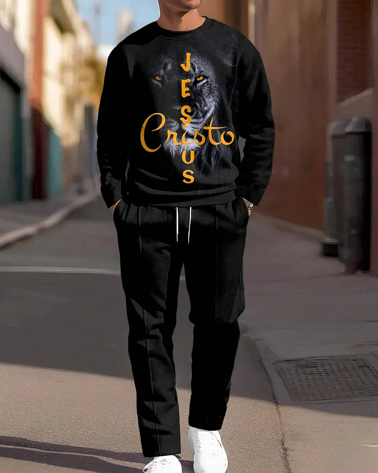 Men's Lion Faith Letter Print Crewneck Sweatshirt Two-piece Set