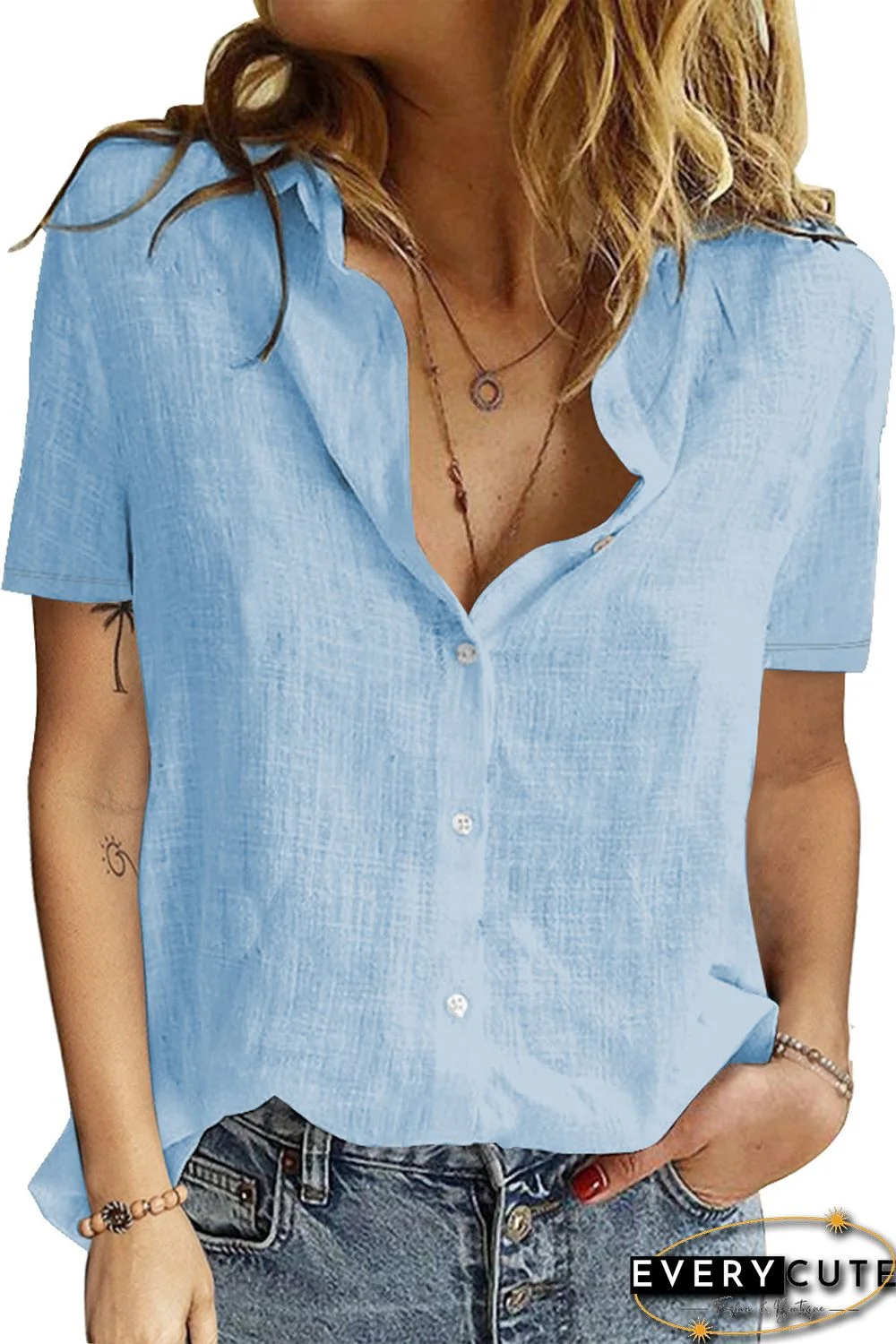 Sky Blue Textured Short Sleeve Top