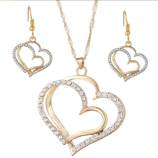 European and American fashion jewelry set wedding dinner wedding accessories double love peach heart earring necklace US Mall Lifes
