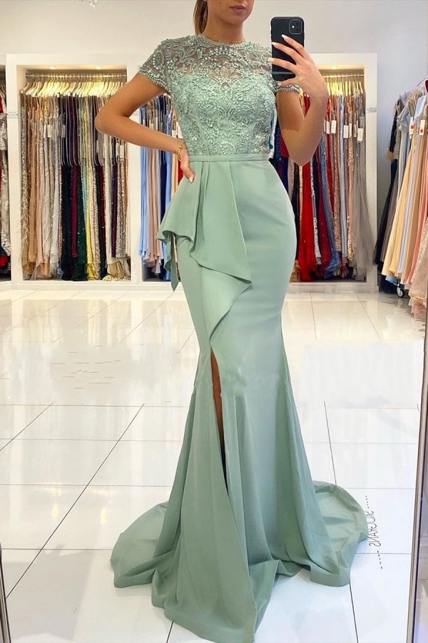 Short Sleeves Lace Mermaid Prom Dress With Slit | Ballbellas Ballbellas