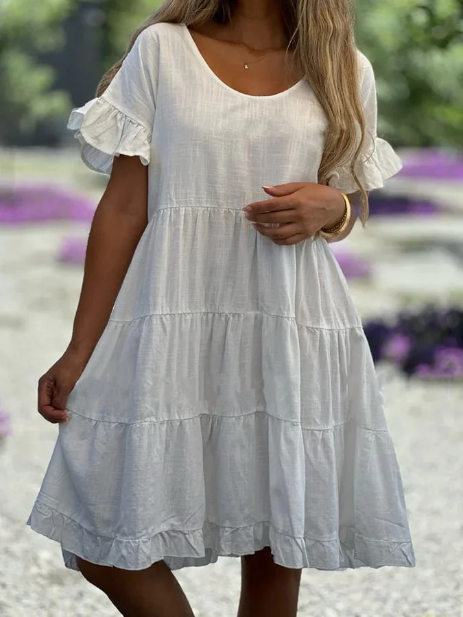 Women's Round Neck Solid Color Large Hem Casual Ruffle Sleeve Cotton And Linen Dress
