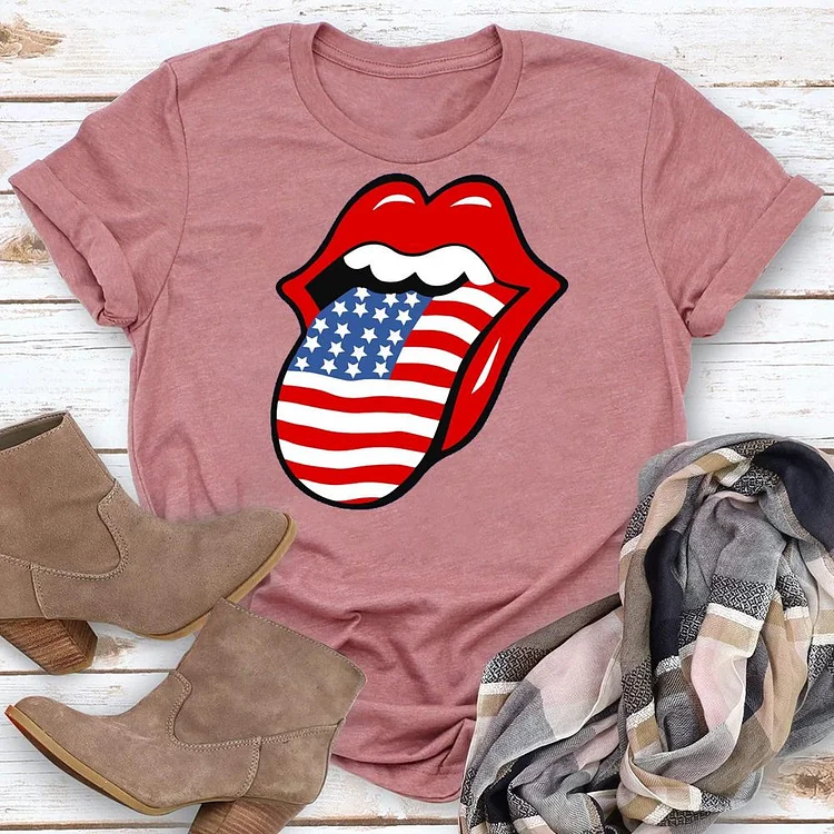 American Flag Lips Round Neck T-shirt-018165