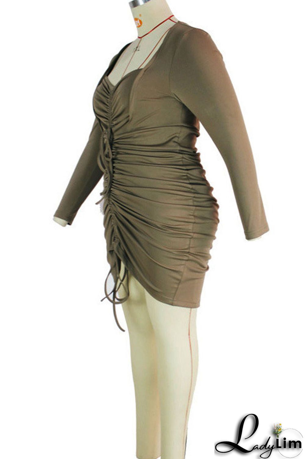 Grey Fashion Sexy Solid Draw String Square Collar Long Sleeve Plus Size Dresses