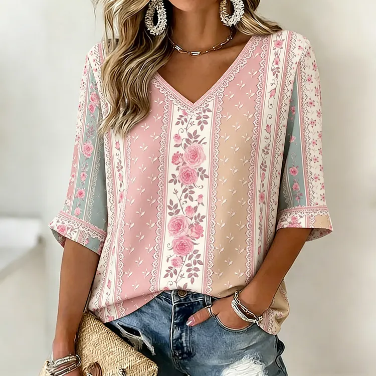Women's Floral Art Print Casual Cotton Linen T-shirt