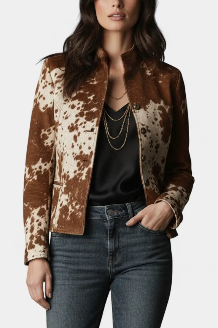 Vintage Stand Collar Cow Print Suede Jacket