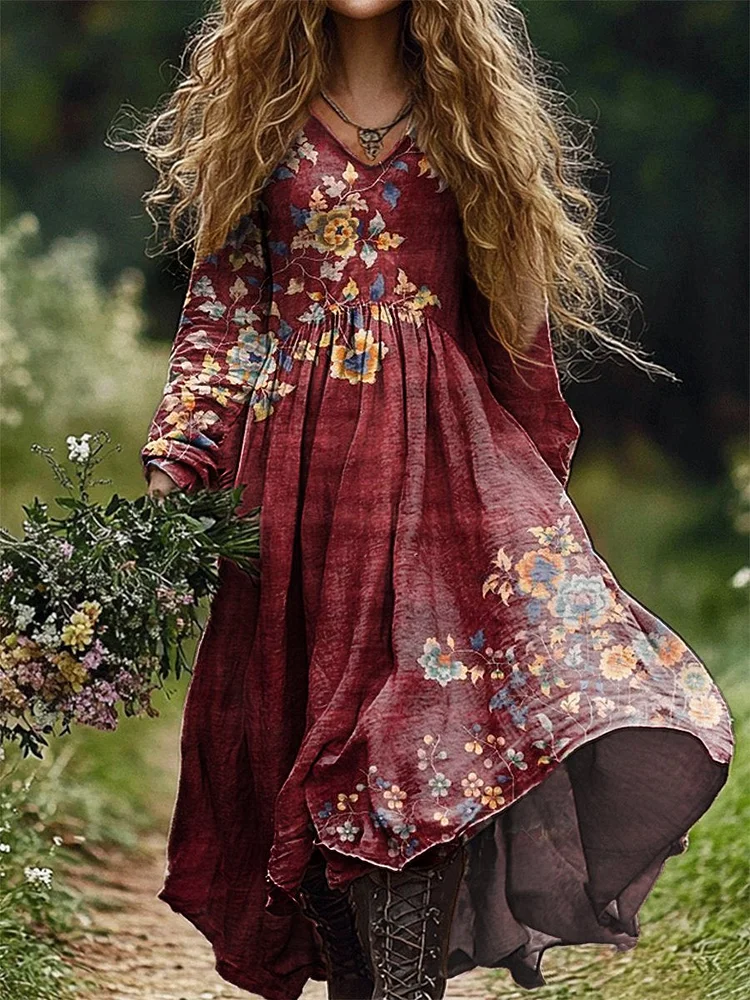 Women's Vintage Flowers Print V Neck Pocket Cotton Dress