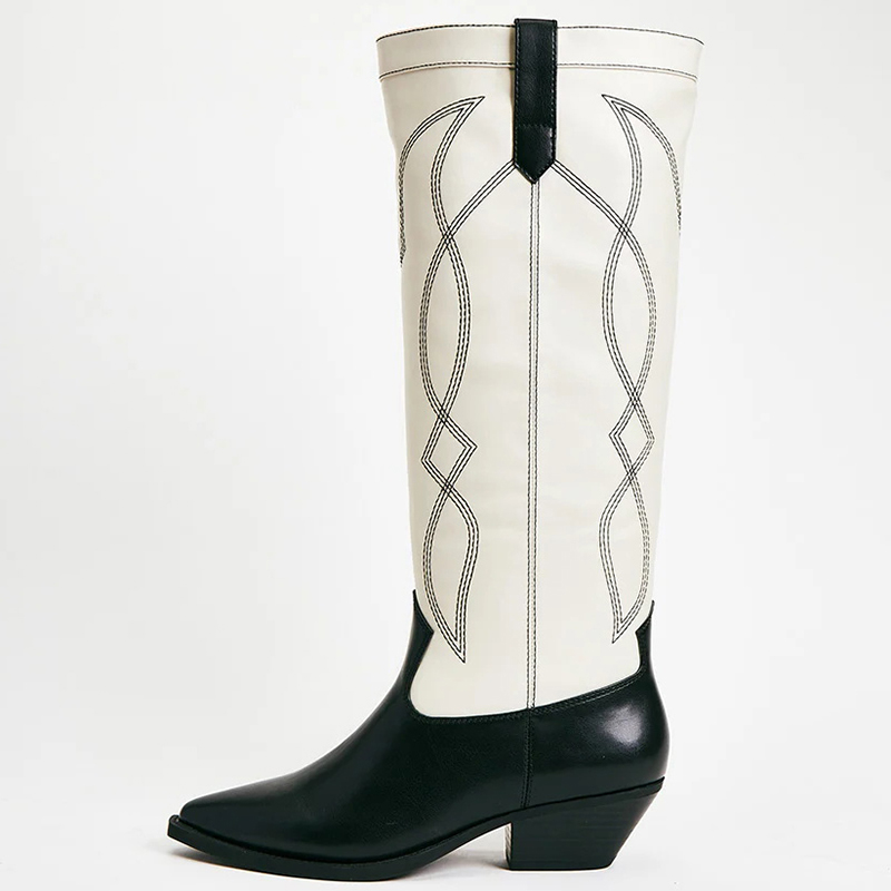 White and Black Two-Tone Pointed Toe Chunky Heel Western Boots