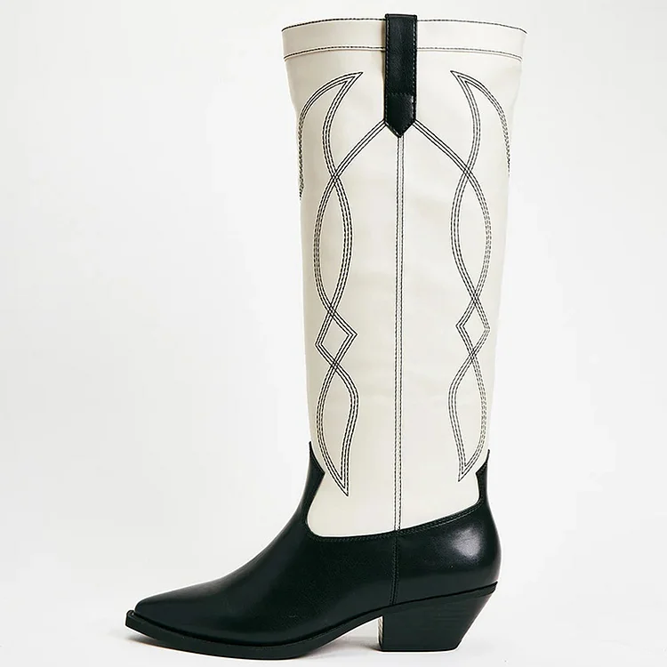White and Black Two-Tone Pointed Toe Chunky Heel Western Boots with Zipper and Embroidery |FSJ Shoes