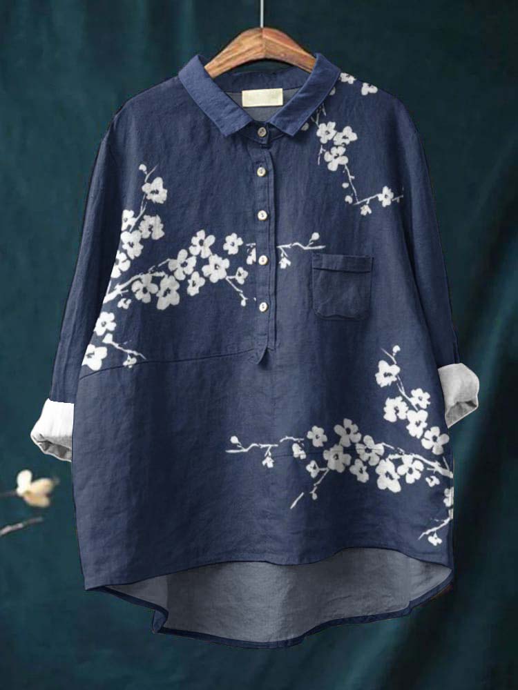 Comstylish Vintage Blossom Art Print Casual Cotton Linen Shirt