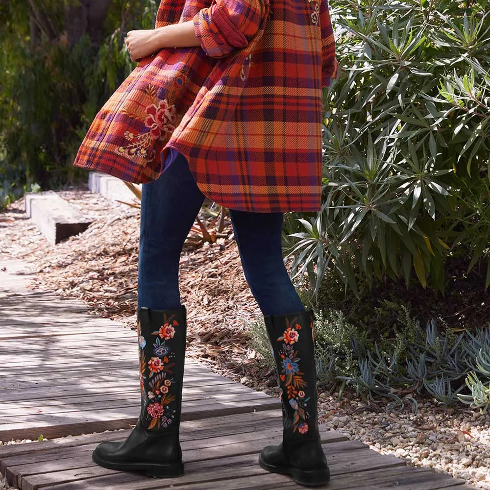 Black Round Toe Low Heel Flower Embroidered Knee High Boots for Women