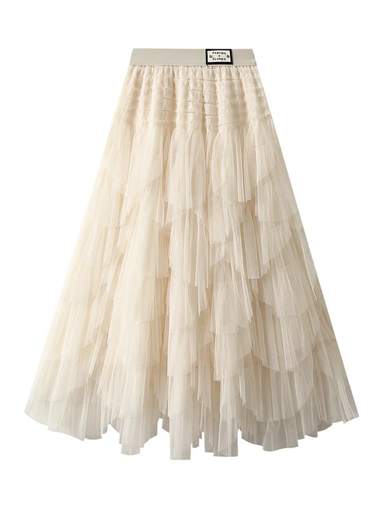 Elegant Solid Color Elastic Waist Puffy Tiered Skirt
