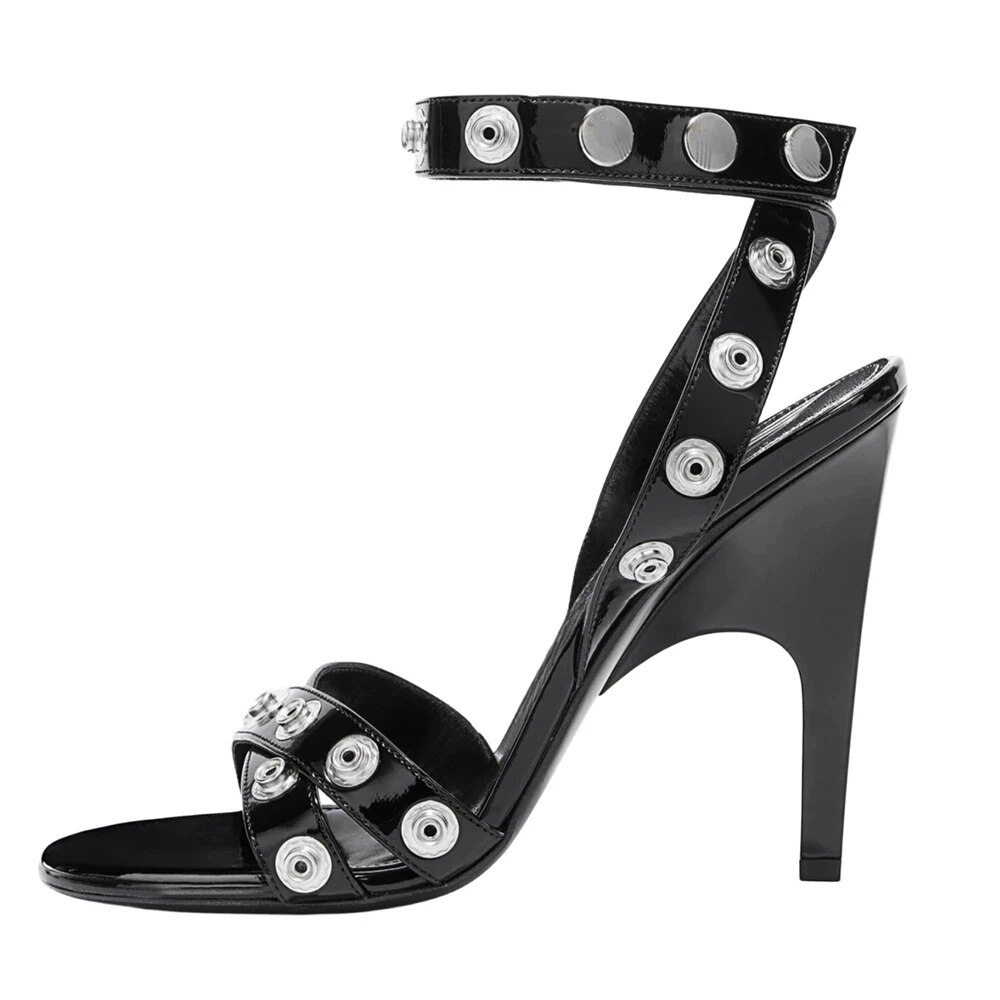 GOOSHOE Lady Rivet Ankle Buckle High Heels Women's Open Toe Metal Button Sandals Cross Straps Shoes