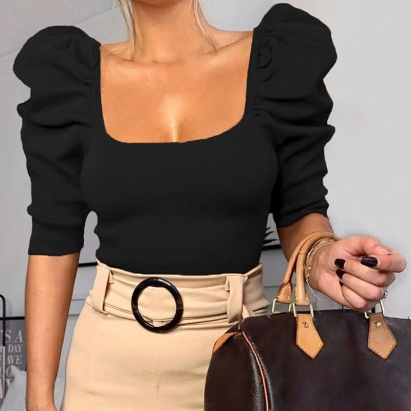 Vintage Puff Sleeve Women Blouse Square Neck Korean Style Tops Elegant Sexy White Black Slim Crop Blouse Women