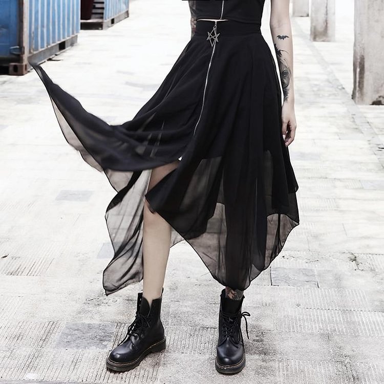 GOTH PENTAGRAM ZIPPER MESH BLAK MIDI SKIRT