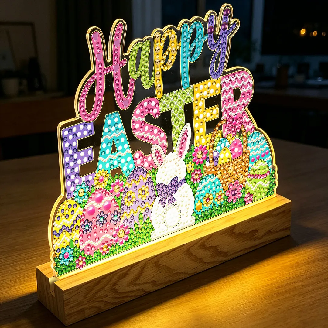 Easter DIY Acrylic Diamond Painting Night Light for Adults Beginner Diamond Art Table Lamp with Wooden Base for Woman Man Desk Bedroom Tabletop Decor
