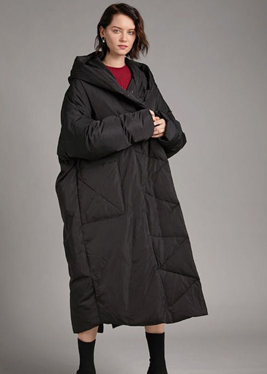 Handmade Black hooded Pockets Loose Winter Down Coat CK2074- Fabulory