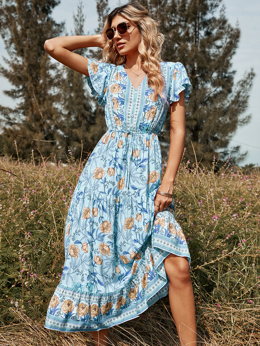 Vintage Floral Print Ruffles Casual V-neck Midi Dress