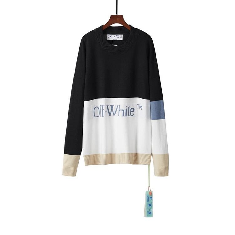 Off White Winter Fleece Sweatshirts Autumn and Winter Stitching Letter Crew Neck Pullover Knitted Sweater