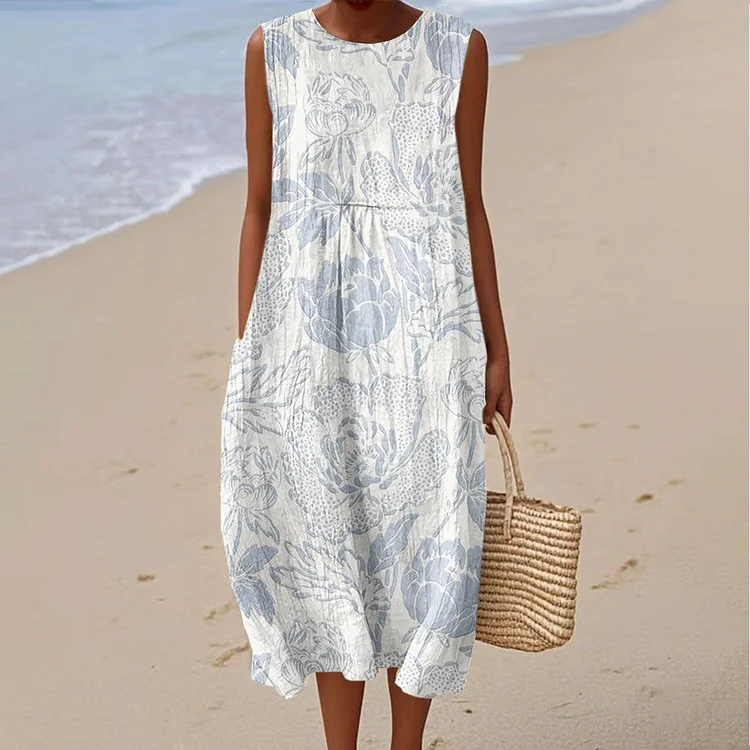 Women's Vintage Flower Art Print Sleeveless Cotton Pocket Wrap Dress