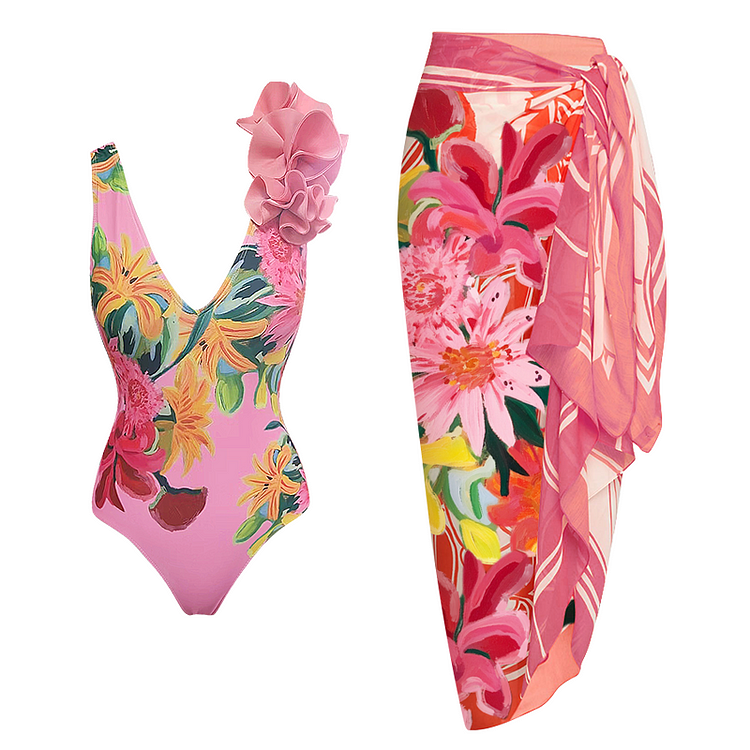 V Neck 3D Flower Pattern Print One Piece Swimsuit and Sarong 